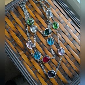 Rainbow Colorful Acrylic Stone Silver Tone Necklace
